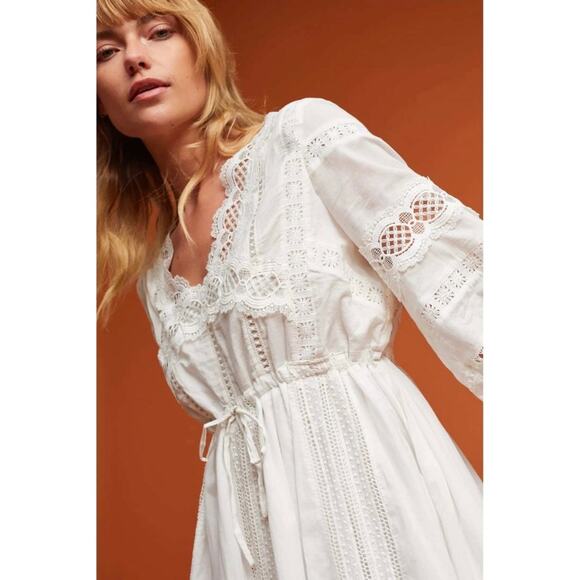Anthropologie Eri + Ali L Gustavia Dress White Cotton Lace Embroidered Prairie - Picture 3 of 13